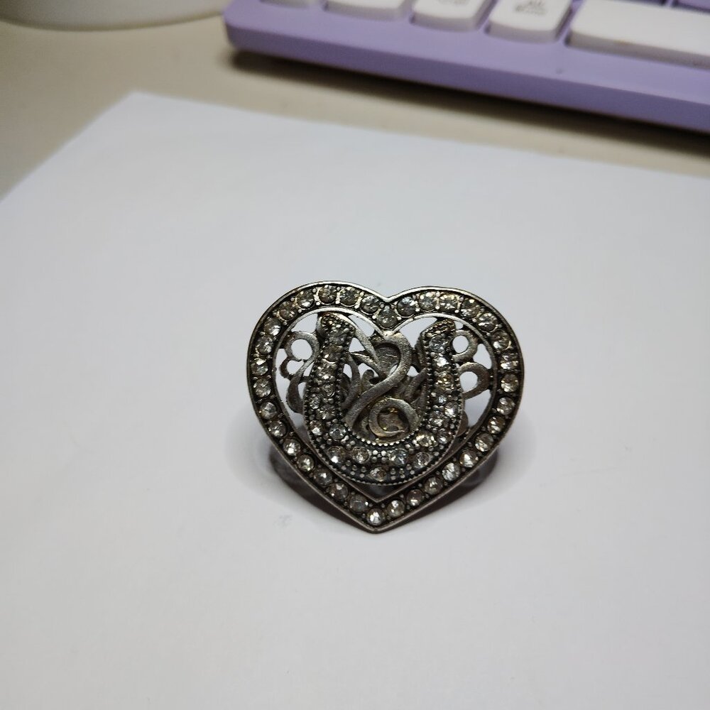 Silver-Tone Heart & 3D Horseshoe Stretch Ring with Rhinestones